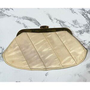 Vintage Cream Satin Hardbody Clutch Handbag Gold Hardware Evening Purse